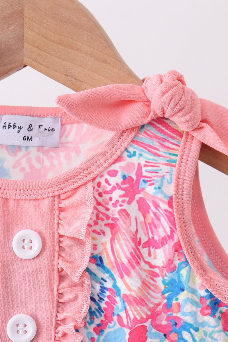 Pink Tropical Floral Print Ruffle Bow Bubble